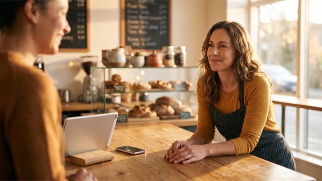A small business owner interacting with a customer in a cafe while automated digital systems run seamlessly on a tablet