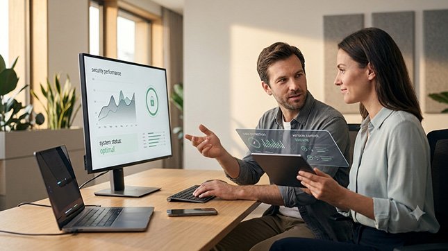 A secure and clean digital workspace showing a laptop with active server monitoring dashboards and a verification backup drive for small businesses