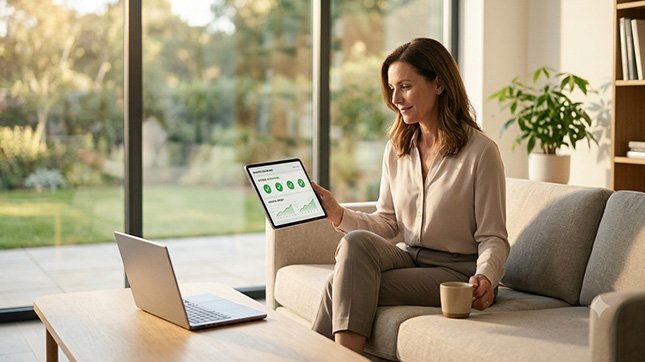 A relaxed small business owner sitting in a sunlit workspace reviewing a simplified automation dashboard comprised of digital systems on a tablet